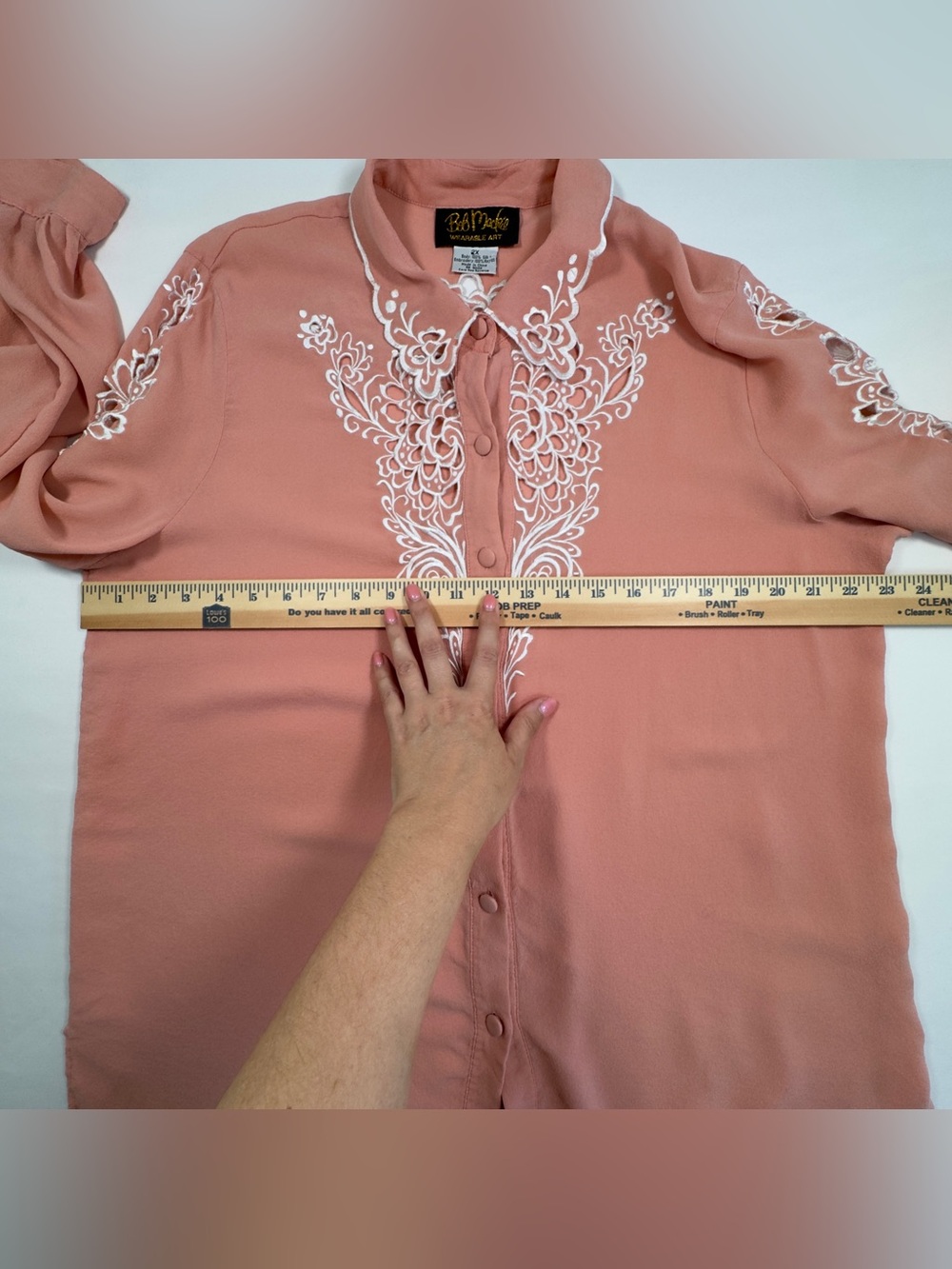 Bob Mackie Wearable Art Silk Blouse Blush Pink Cutwork Embroidery Size 2X - Picture 10 of 13